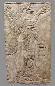 panel en relieve de figura sobrenatural con cabeza de águila alada, c.883-59 a.C. (alabastro de yeso)